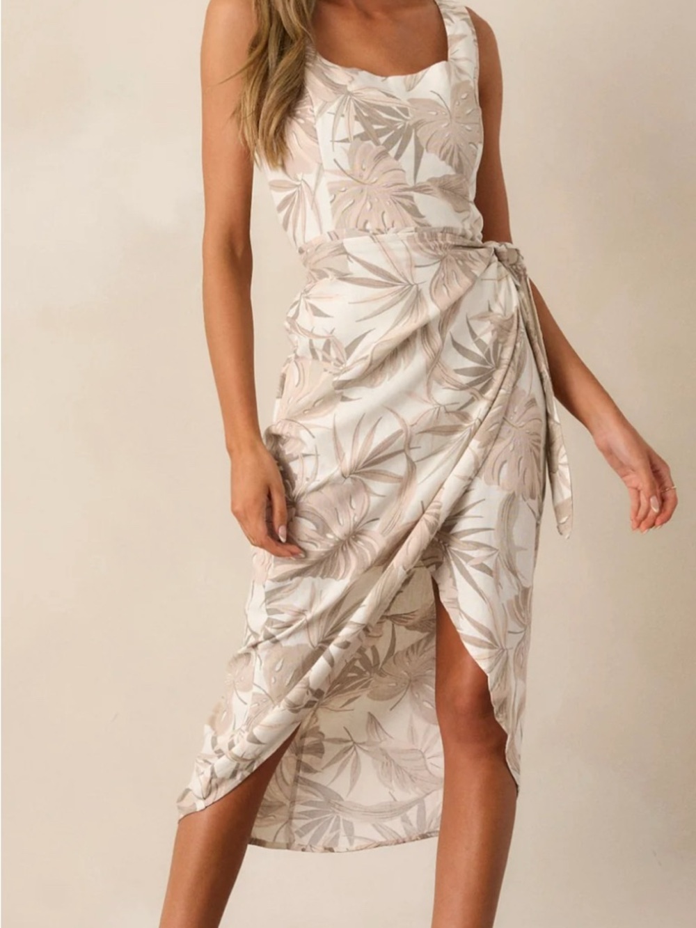 Sleeveless Midi Wrap Dress in Beige Leaf Print